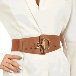 Elastic Stretch Wide Belt Gold Buckle PU Leather Waist Belt